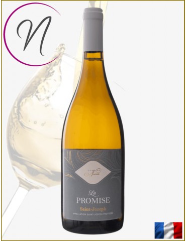 Bouteille de vin blanc Saint-Joseph La Promise du Domaine Novis, avec verre à vin en arrière-plan