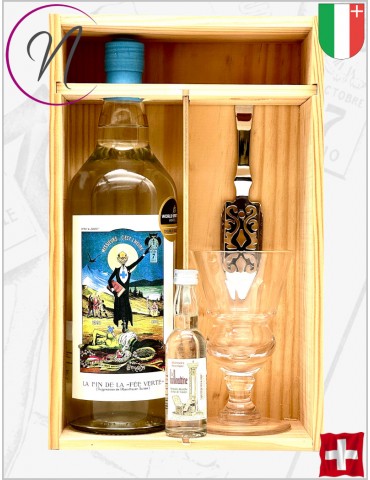 Absinthe Coffret bois Verre et cuillère | Celle à Guilloud | 1 litre + 4cl | Cave chez Nathalie Sàrl