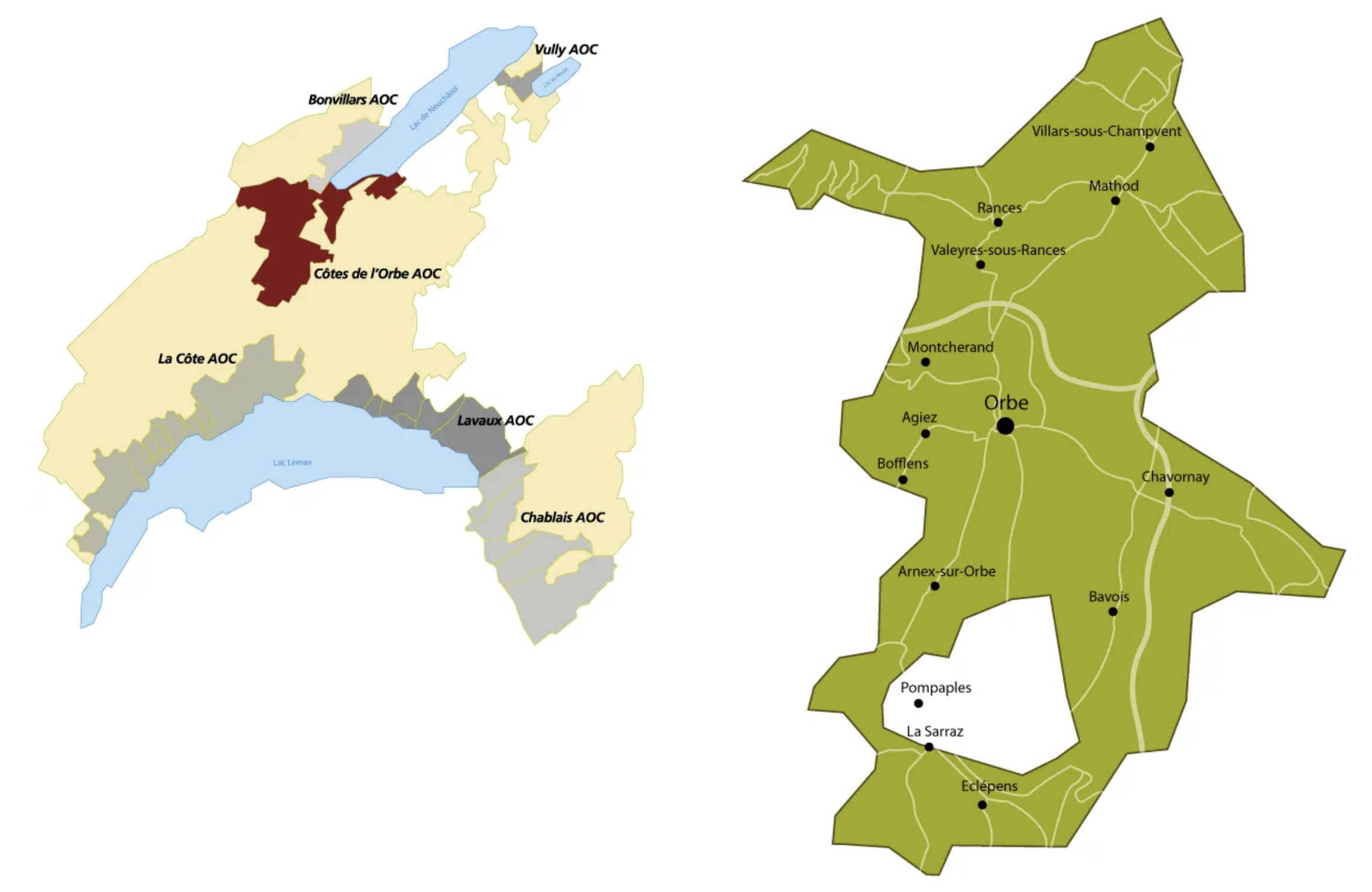 Carte de l'appellation Cotes de l'Orbe | Cave chez Nathalie