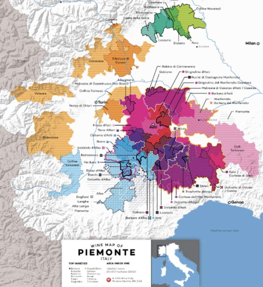 Carte dun vignoble appellation DOC piémont