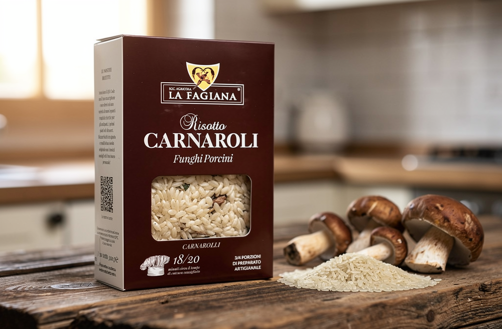 Boîte de risotto Carnaroli La Fagiana avec portion visible, sur bois, accompagnée de champignons shiitake et riz cru.