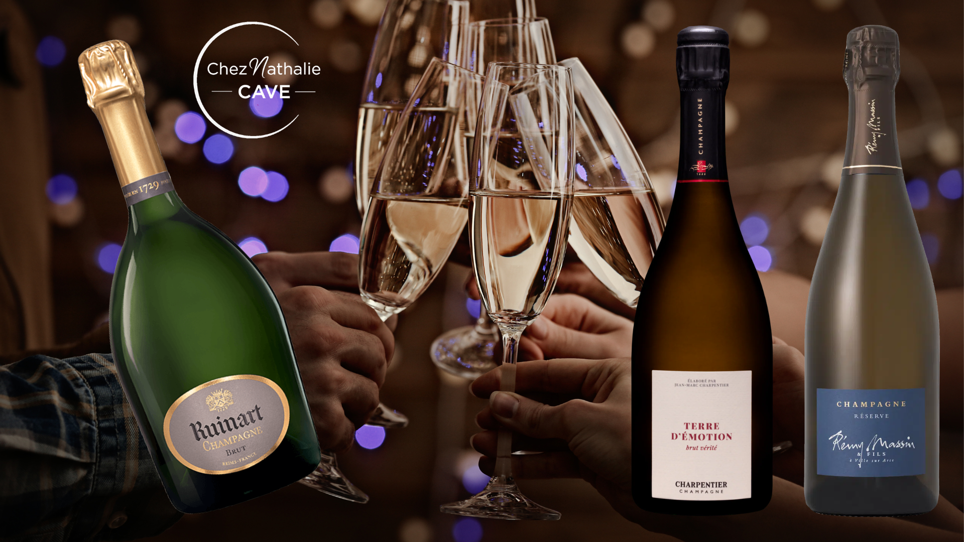 Groupe de flûtes à champagne et bouteilles devant une main qui trinquent dans une ambiance festive, logo “Chez Nathalie CAVE” en haut à gauche.