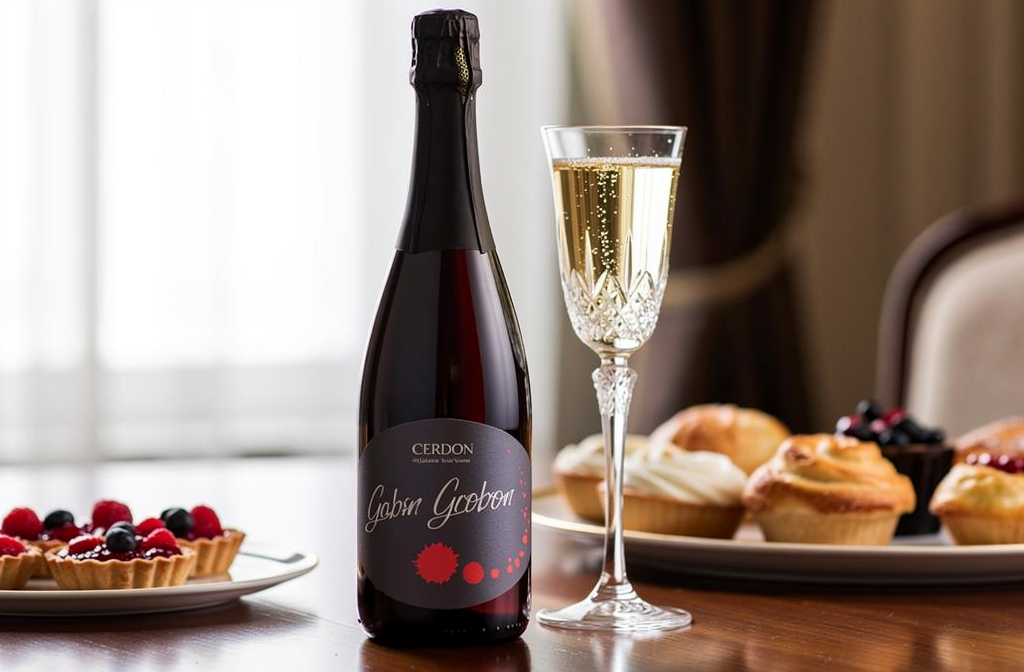 Bouteille de Cerdon du Bugey servie à table avec des desserts aux fruits rouges