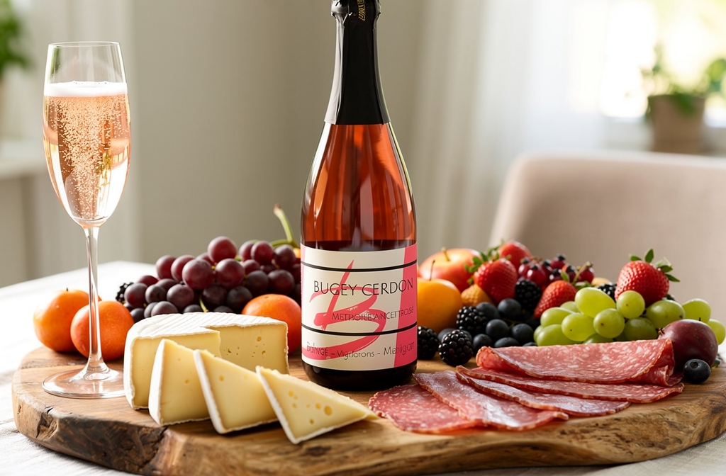 Bouteille de Cerdon du Bugey servie avec un plateau d'apéritif