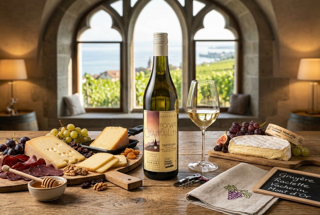 Accord met vin chasselas avec plateau de fromages et fruits, vignoble suisse en arrière-plan.