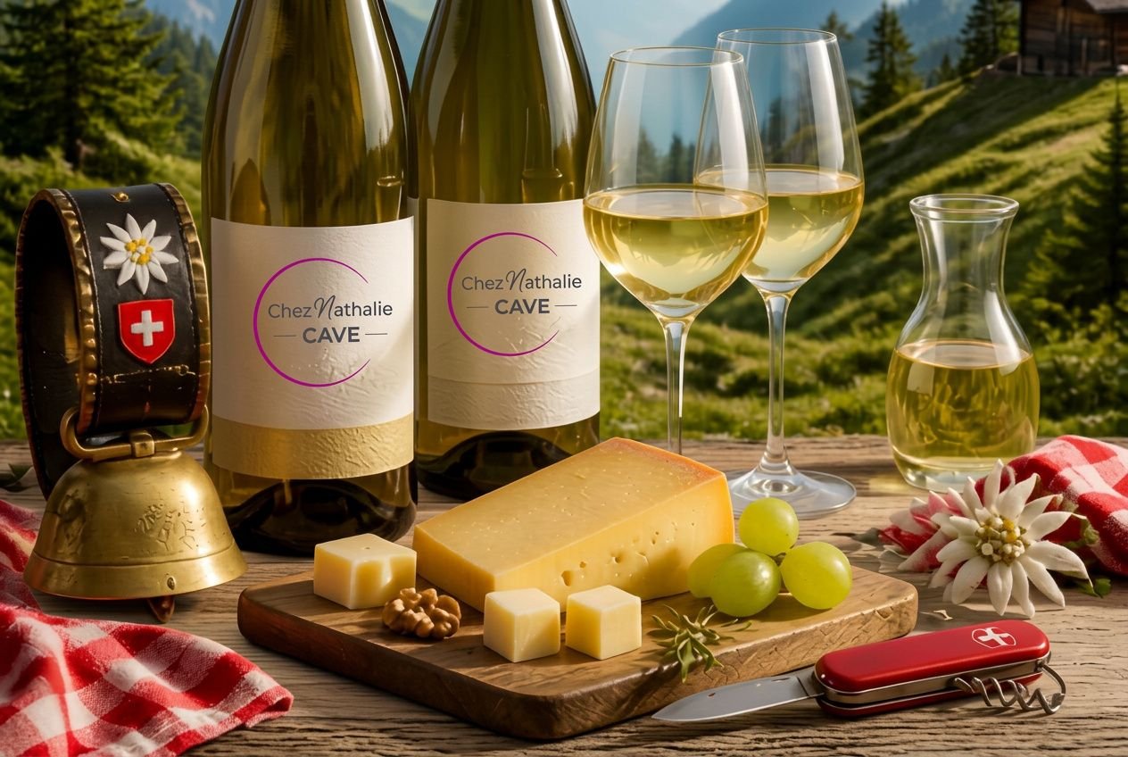 Accord mets et vins suisse : bouteille de vin suisse et plateau de fromages sur terrasse alpine, avec verres et couteur suisse.
