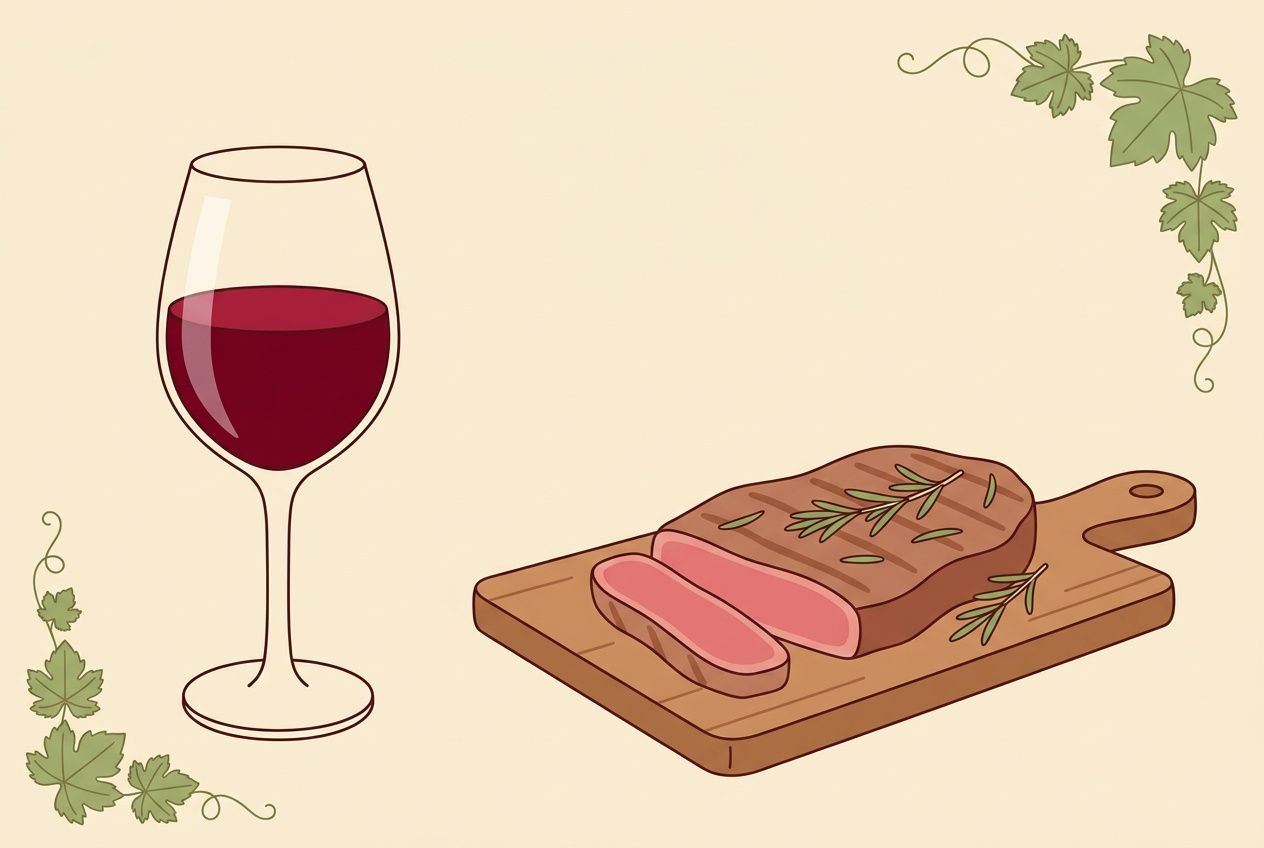 Accord mets et vins suisse: verre de vin rouge et jambon de carving sur planche en bois, entouré de vignes décoratives.