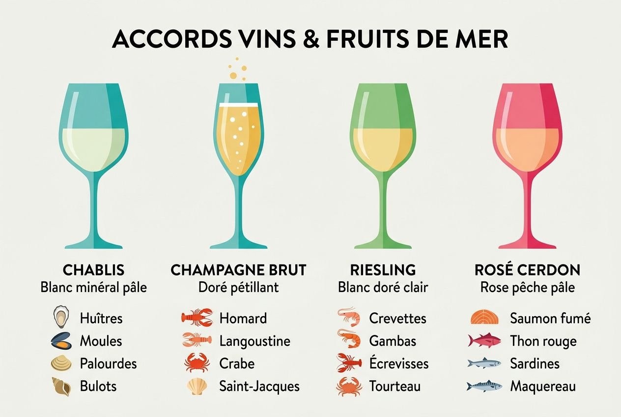 Accords vins & fruits de mer: illustration de quatre verres avec descriptions—Chablis blanc minéral pâle, Champagne Brut doré pétillant, Riesling blanc doré clair et Rosé Cerdon rosé pêche pâle, avec listes de fruits de mer correspondants. intégration du mot-clé: quel vin avec fruits de mer.