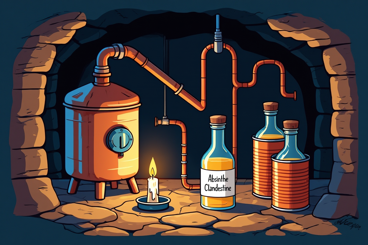 Alambic et bouteilles d’absinthe clandestine dans une distillerie souterraine, éclairage par bougie, ambiance historique du Val-de-Travers. absinthe val de travers histoire