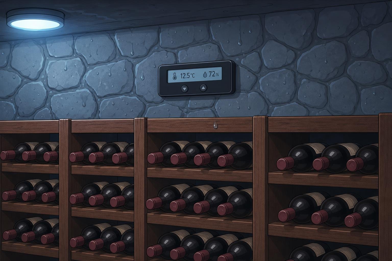Aménager une cave humide : cave enterrée avec murs en pierre, rangées de bouteilles sur étagères en bois et un système d’humidité affichant 12.5°C et 72% d’humidité.