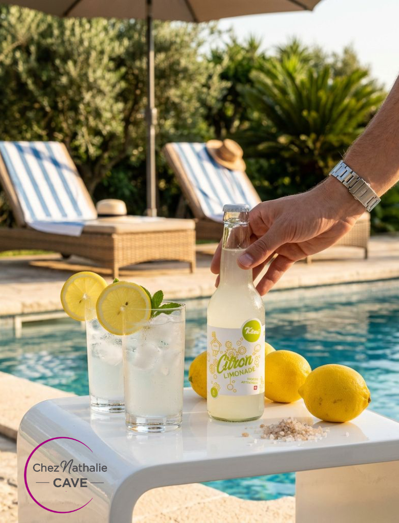 Apéritif dînatoire froid facile et rapide: bouteille de limonade citronnée et verres glacés au bord de la piscine, citrons, sel et déco près du coin lounge. Chez Nathalie Cave.