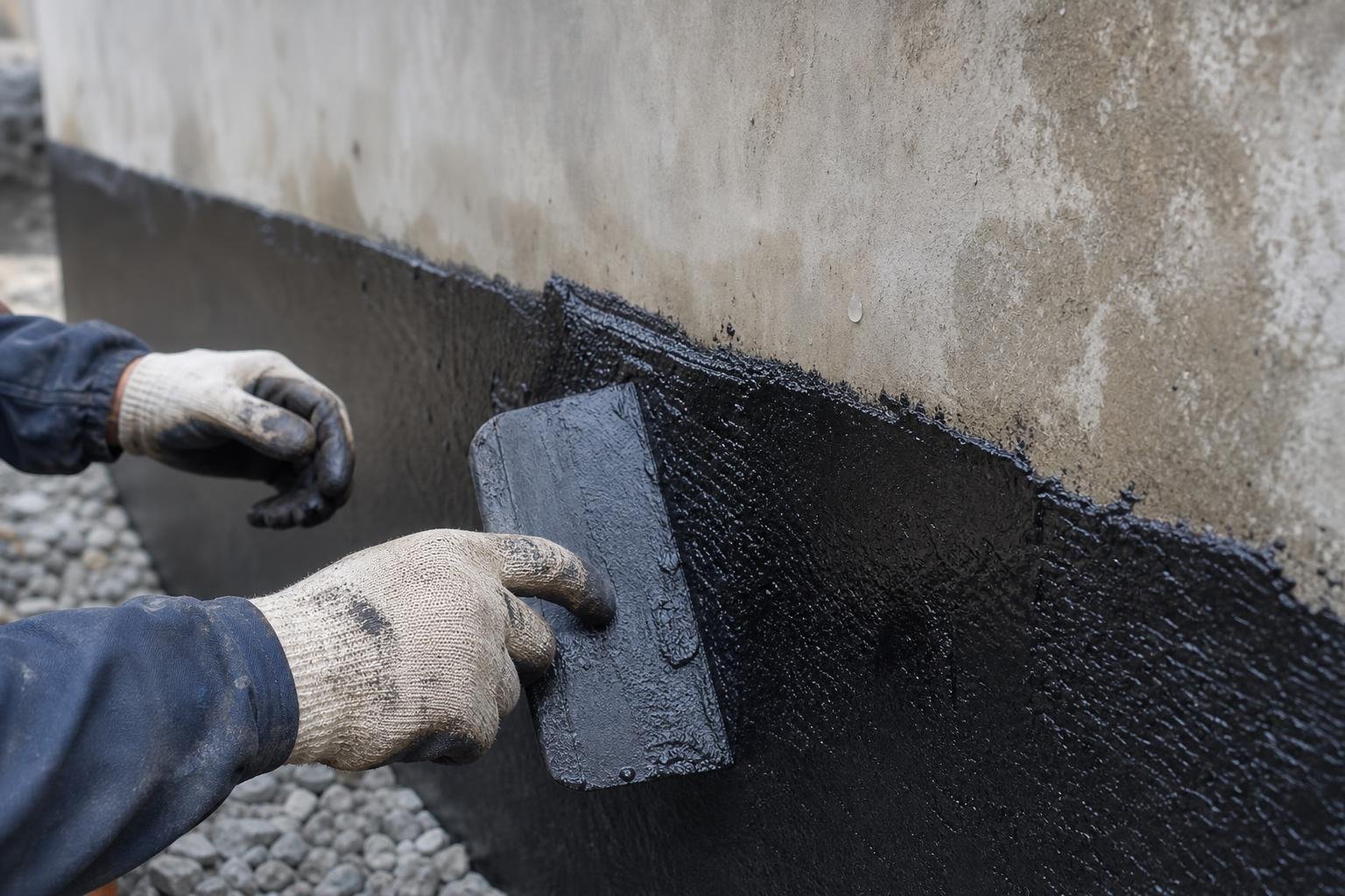 Application d’un cuvelage ou d’une barrière d’étanchéité sur une paroi de cave pour aménager une cave humide, avec épandage d’un enduit noir.