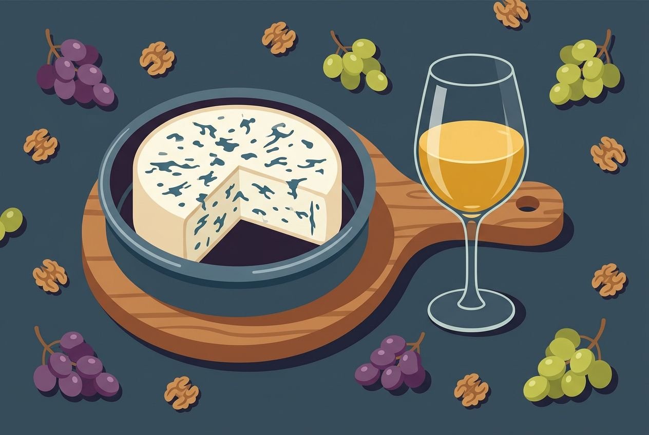 Assiette de fromage à pâte molle avec verre de vin blanc, entourée de raisins et noix sur planche; accords vin et fromage apéritif suggérés.