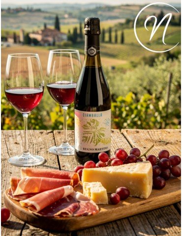 Assiette de fromages et viandes avec verres et bouteille de vin, sur poutre devant vignoble, accords vin et fromage apéritif.
