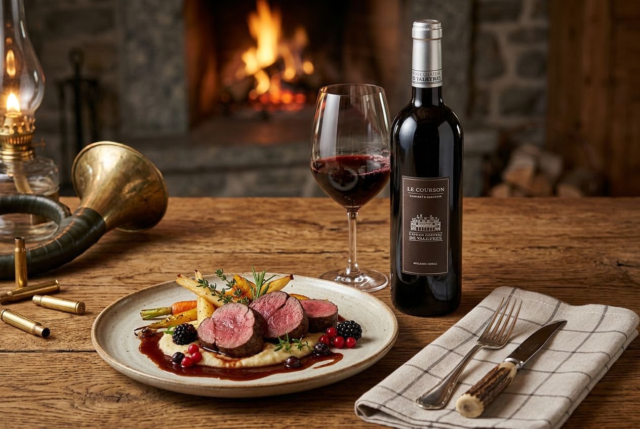 Assiette de gibier rosé et purée, accompagnée d’une sauce, avec verre de vin rouge et bouteille Le Courson. Le cadre comprend une cheminée et une nappe, ambiance chaleureuse. Accord mets vin chasse proposé.
