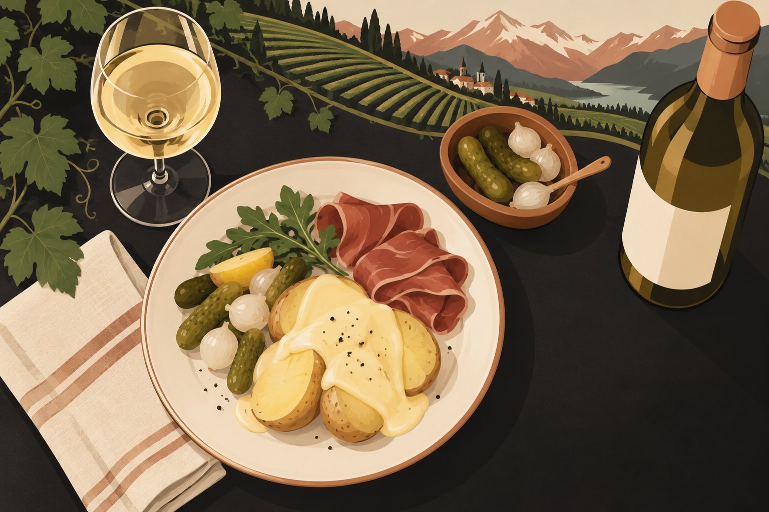 Une assiette de pommes de terre, de charcuterie et de cornichons accompagne un verre de vin blanc devant un paysage de