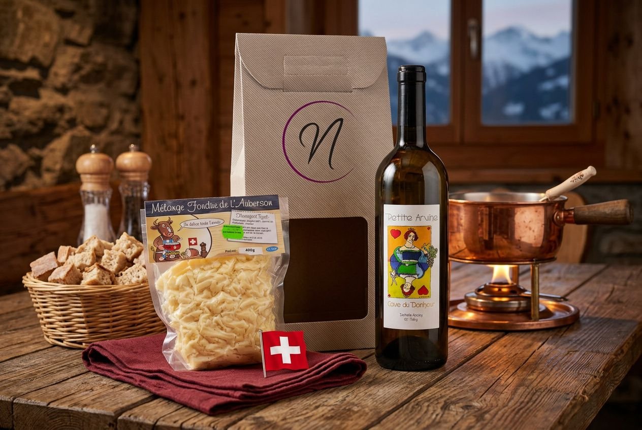 Assortiment dégustation: fromage, pain, et vin blanc dans un cadre montagnard; bouteille et casserole en cuivre sur bois, guidé par les aliments qui se marient avec le fromage et le vin