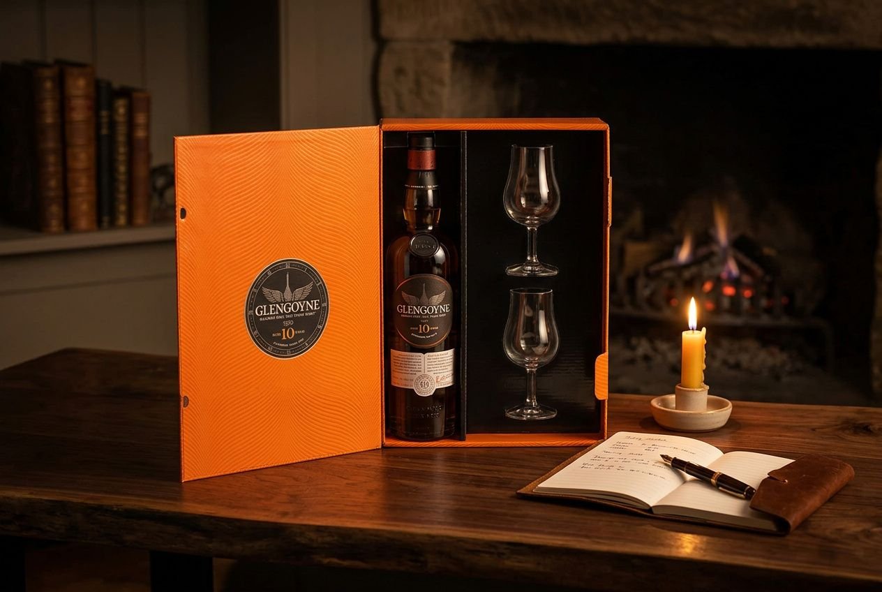 Boîte orange élégante contenant une bouteille de whisky Glengoyne et deux verres à dégustation, sur une table près d’une cheminée, avec carnet et bougie. Inclut la phrase clé "comment déguster un spiritueux" intégré naturellement.