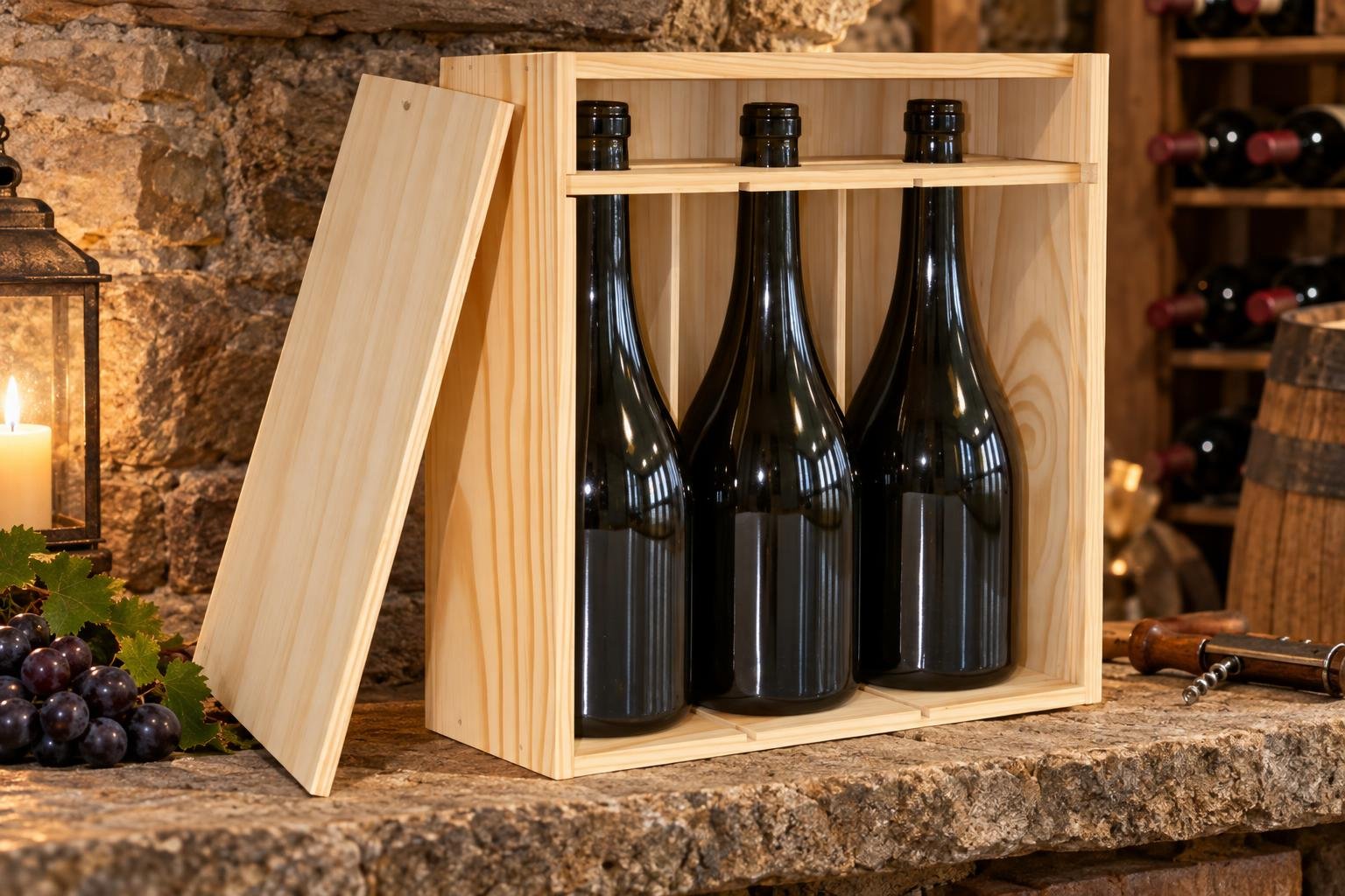 Boîtes en bois contenant trois bouteilles de vin debout dans leur compartiment.