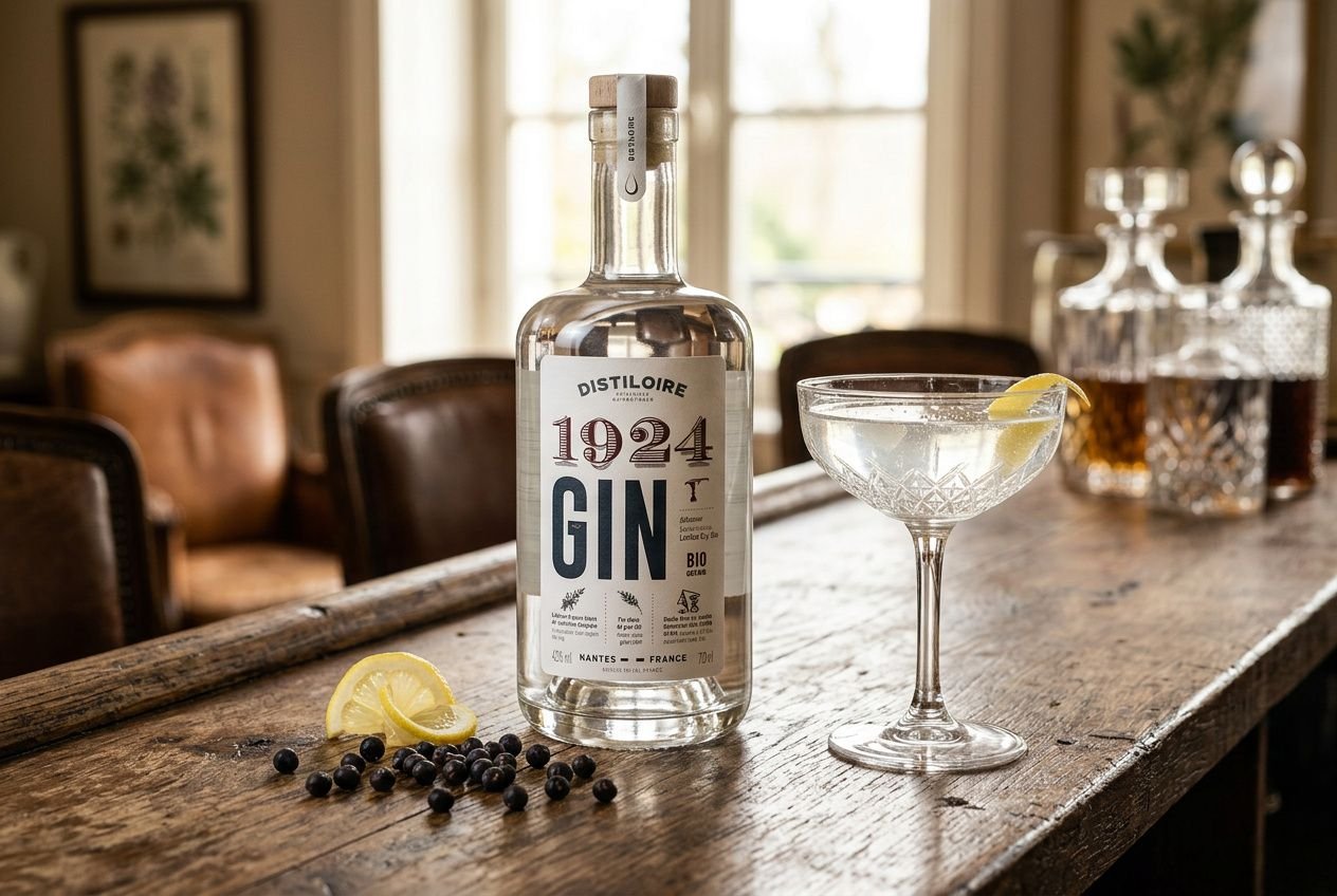 Bottle de gin "1924" sur un comptoir en bois avec le verre à cocktail et des rondelles de citron; poignée de baies de genièvre à côté. Description intégrant les 3 types de gin.
