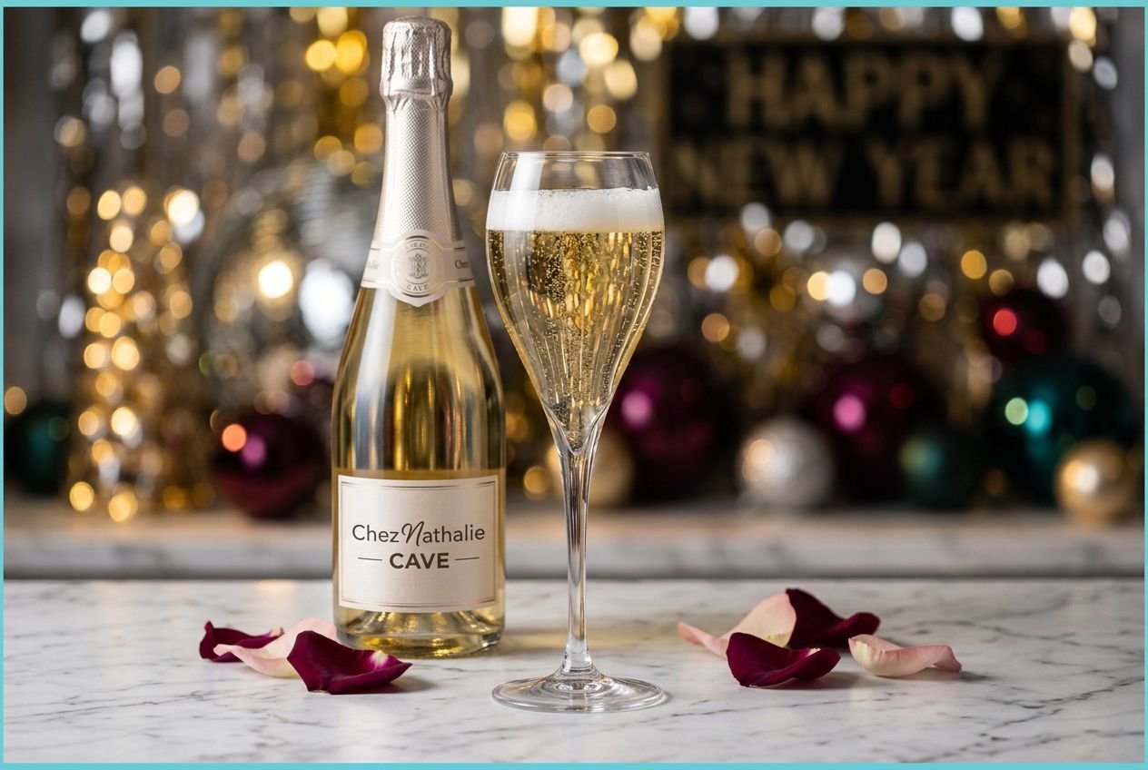 Bouteille de champagne et coupe remplie de mousseux sur un marbre, décor festif en arrière-plan.