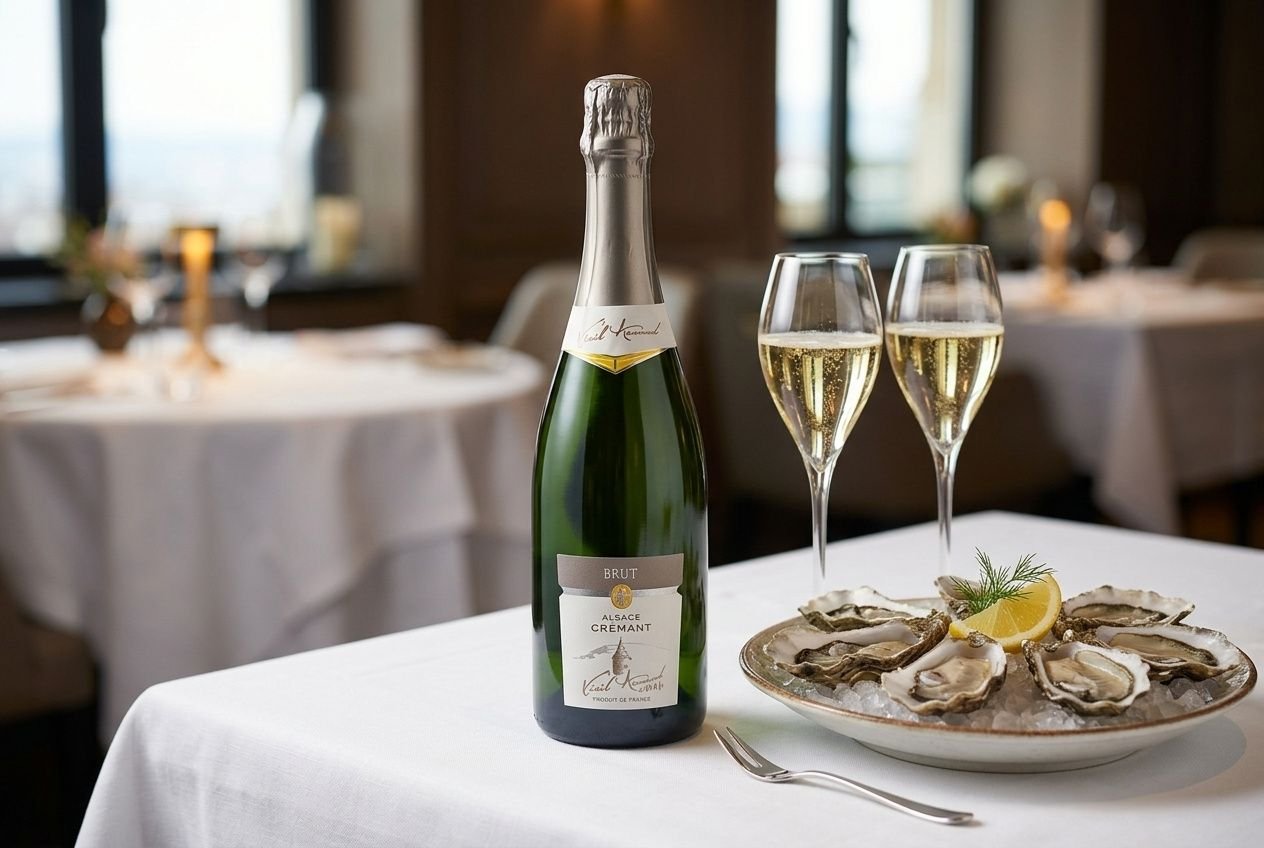 Bouteille de Crémant d'Alsace Brut Vieil Armand sur une table de restaurant avec des huîtres et des flûtes de vin pétillant.