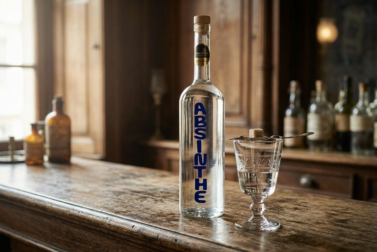 Bouteille d'absinthe sur le comptoir en bois, avec un verre à liqueur, dans une ambiance de bar ancien. absinthe interdiction pourquoi à adapter.