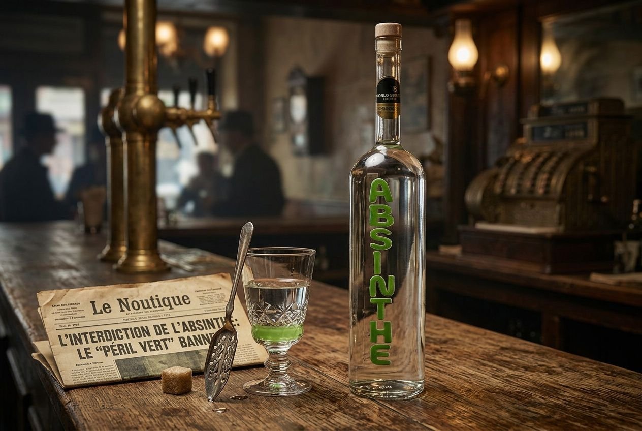 Bouteille d’absinthe posée sur un comptoir avec un verre et journal annonçant l’interdiction de l’absinthe, ambiance bistrot. absinthe interdiction pourquoi intégré naturellement.