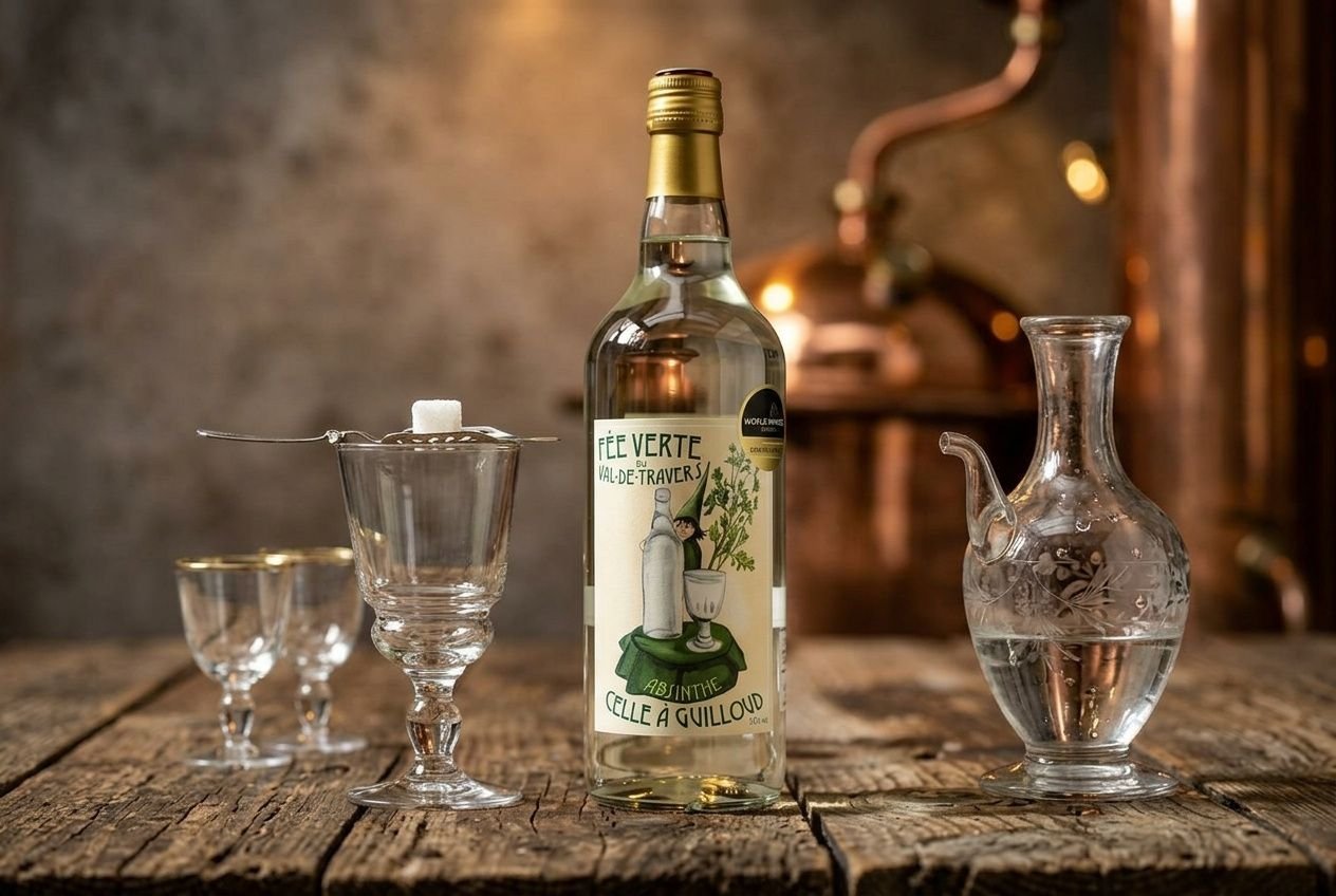 Bouteille d’absinthe Val-de-Travers entourée de verres et d’une carafe, sur une table en bois; ambiance de dégustation traditionnelle. Comment déguster l'absinthe est suggéré par le contexte.