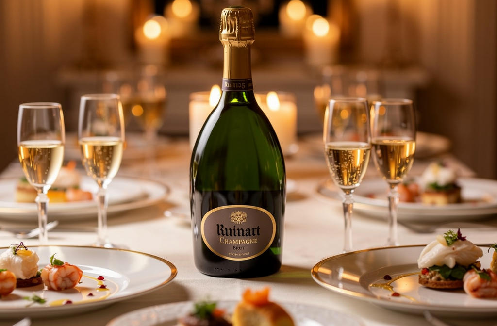 Bouteille de Champagne Ruinart Brut sur une table dressée avec des entrées de fruits de mer et des flûtes à champagne.