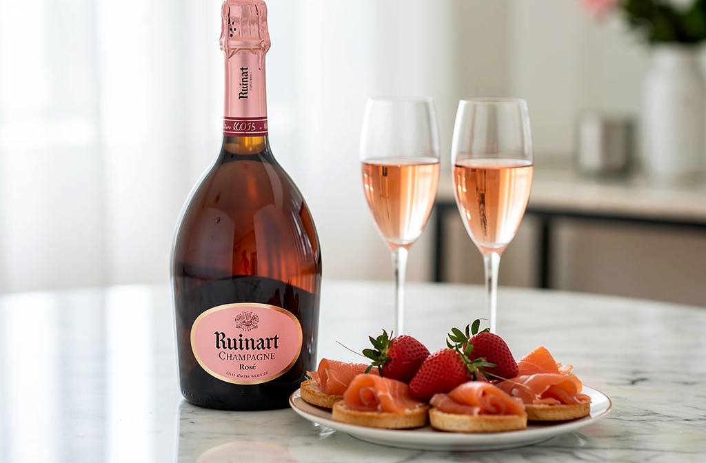 Bouteille de Champagne Ruinart Rosé sur une table avec des flûtes et des mets raffinés.