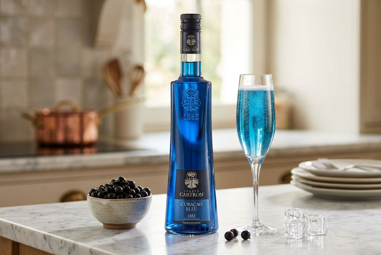Bouteille de Curaçao Bleu Cartron posée sur un comptoir en marbre à côté d'un verre de kir bleu pétillant.
