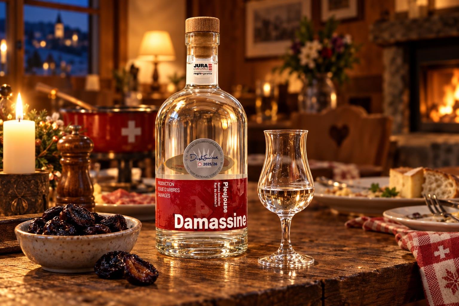 Une bouteille de digestif Damassine avec un verre rempli sur une table en bois dans un restaurant chaleureux.