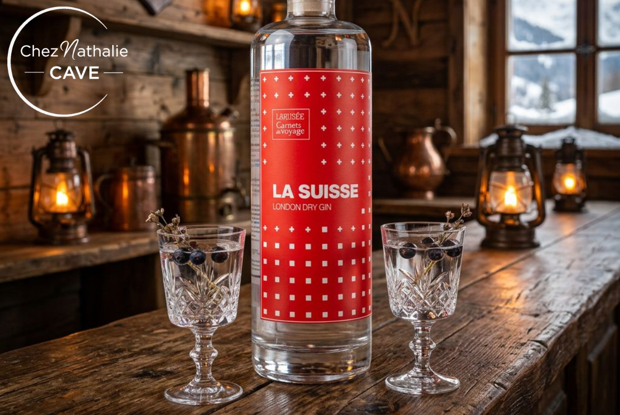 Bouteille de gin La Suisse sur un comptoir en bois, flacon rouge à motif blanc, accompagnée de deux verres à vin gravés, ambiance cave chaleureuse.
