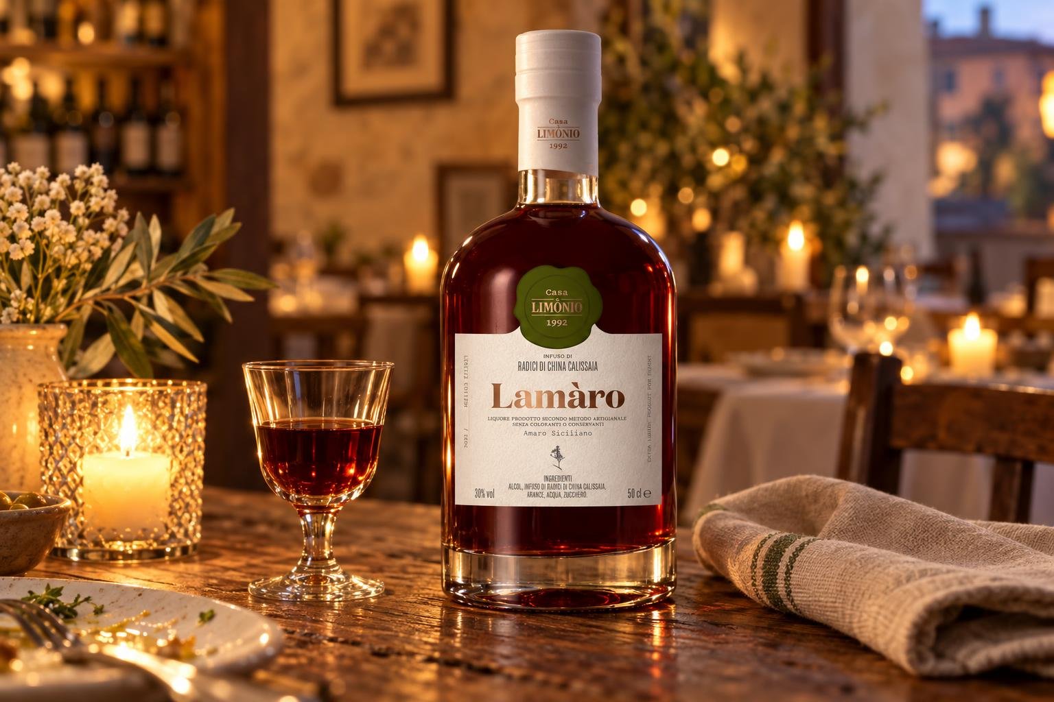 Bouteille de Lamaro dique digestif avec un verre rempli de spiritueux rouge sur une table près d’une ambiance chaleureuse.