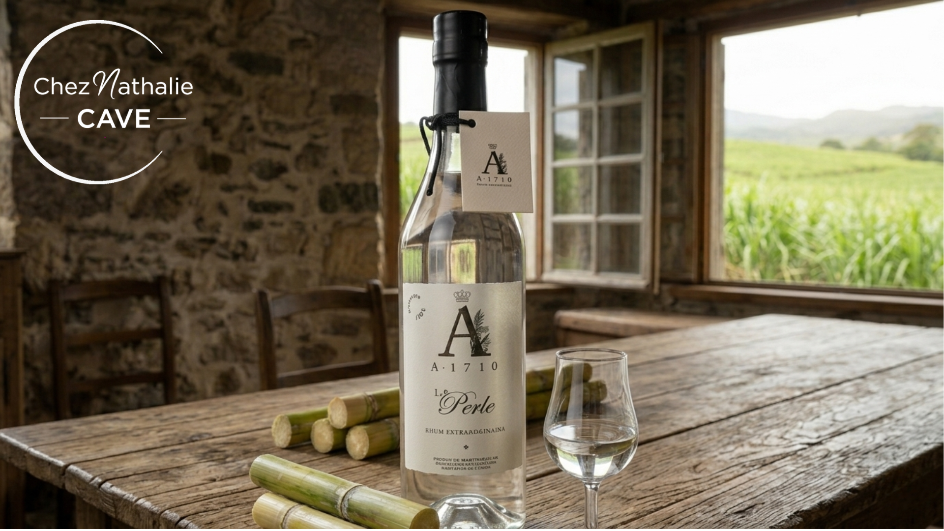 Bouteille de rhum A-1710 sur une table en bois, avec verre de rhum, ambiance cave rustique et canne à sucre en arrière-plan.