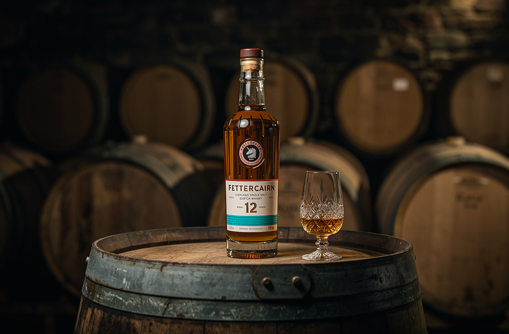 Bouteille de rhum âgé Fettercairn sur un fût de chêne, avec un verre de dégustation à côté, en cave de vieillissement. diffÉrence entre rhum et whiskey.