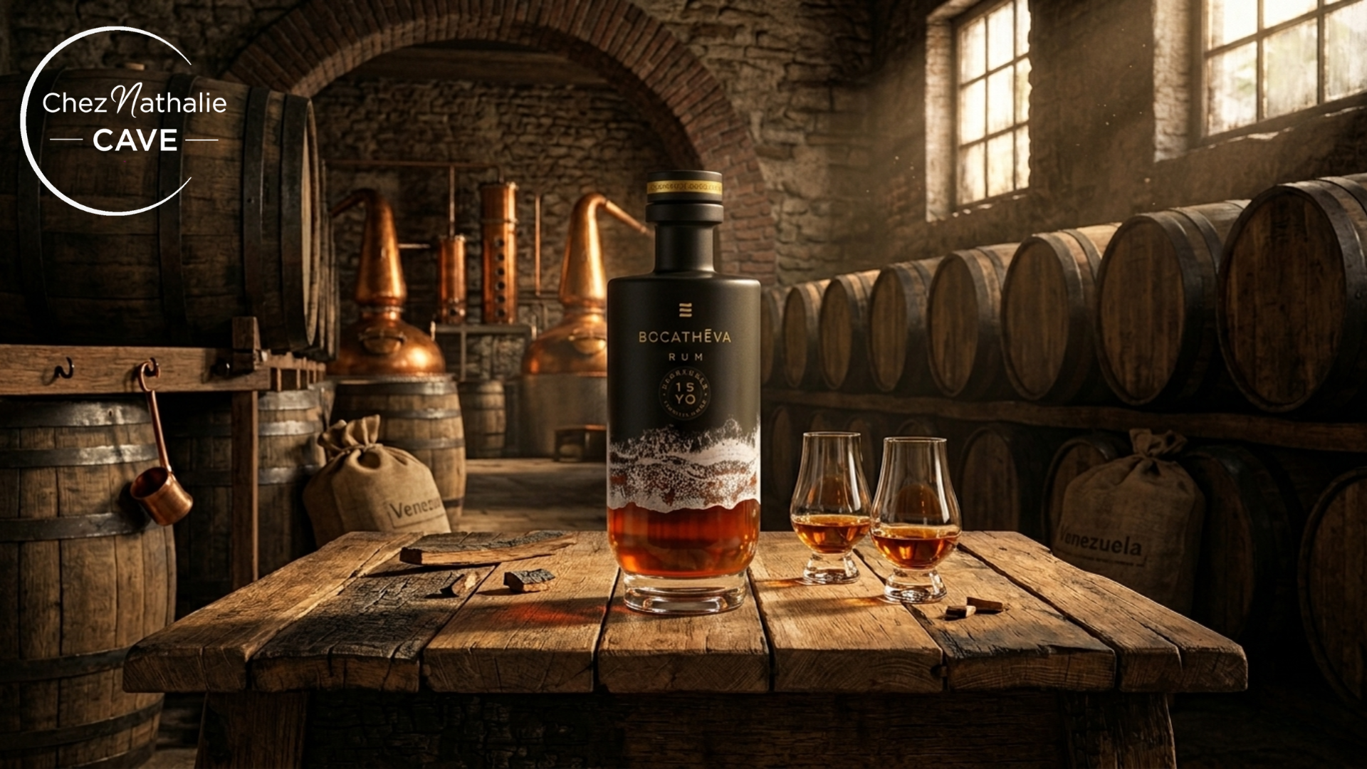 Bouteille de rhum Bocatheva 15 ans cave chez nathalie et barils en arrière-plan.