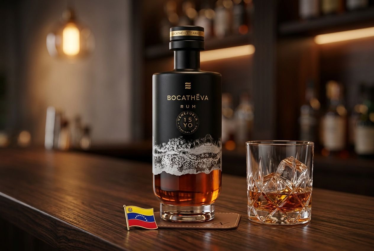 Bouteille de rhum Bocatheva sur le comptoir, verre à whisky rempli de glace à côté, mini drapeau du Venezuela au premier plan.