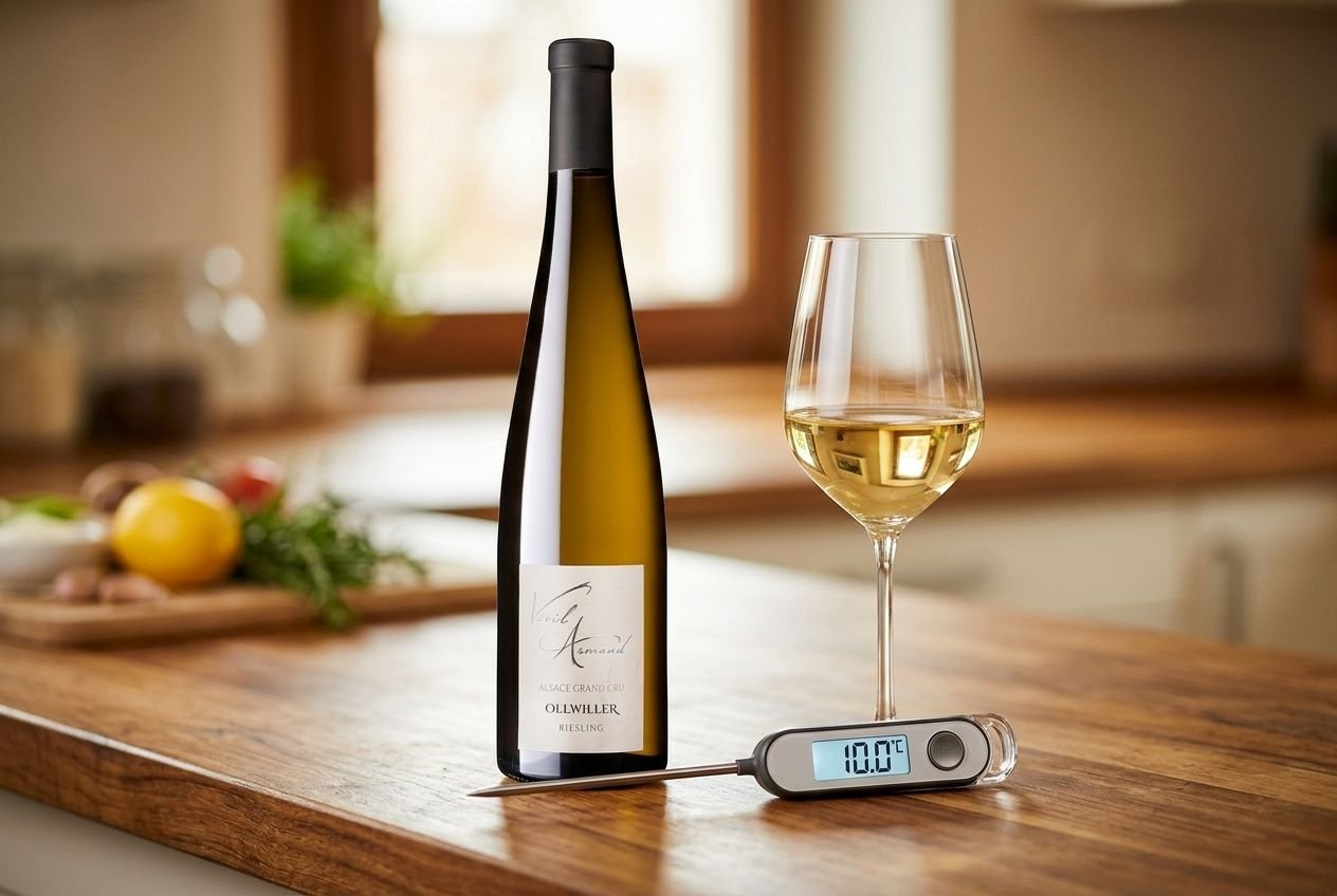 Bouteille de Riesling Alsace Grand Cru posée sur un comptoir avec un thermomètre et un verre de vin blanc.