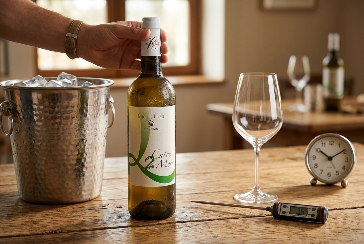 Bouteille de vin blanc Entre-Deux-Mers Michel Liessi sortie d'un seau à glace pour respecter la règle des 30/30 avant le service.