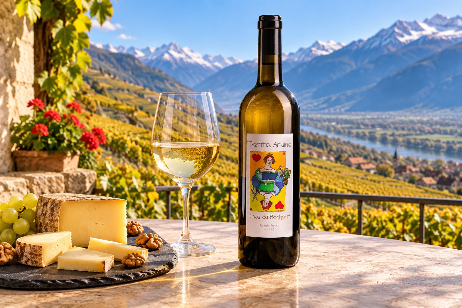 Une bouteille de vin blanc et un verre sont posés à côté de fromage, devant des vignes et des montagnes.