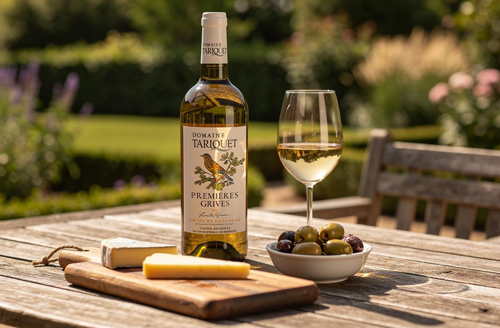 Bouteille de vin blanc, verre rempli et assiette d’olives avec fromage sur une table extérieure, illustration d’un apéritif et digestif exemplaire.