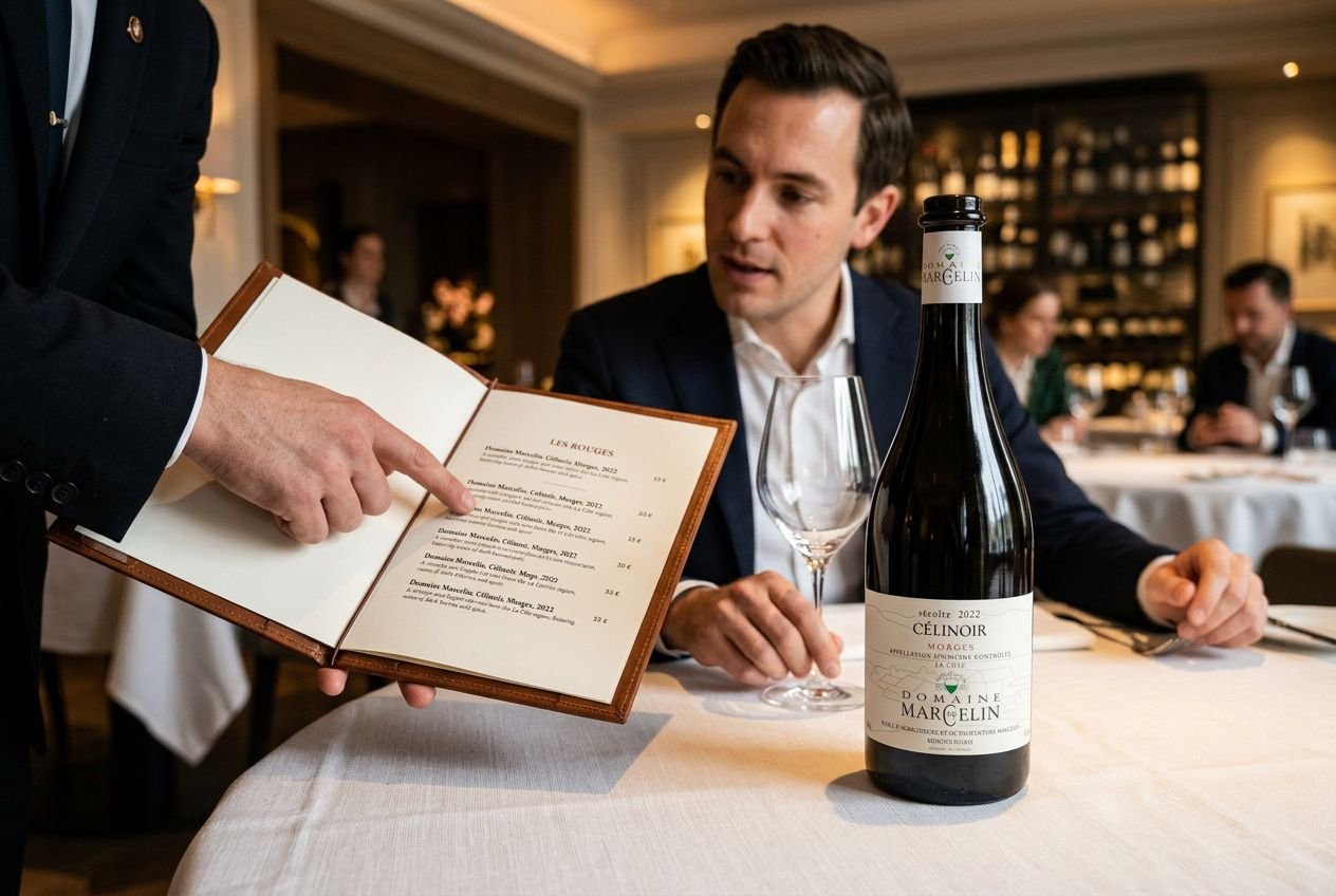 Bouteille de vin Célinoir Domaine Marcelin posée sur une table de restaurant à côté d'une carte des vins ouverte.