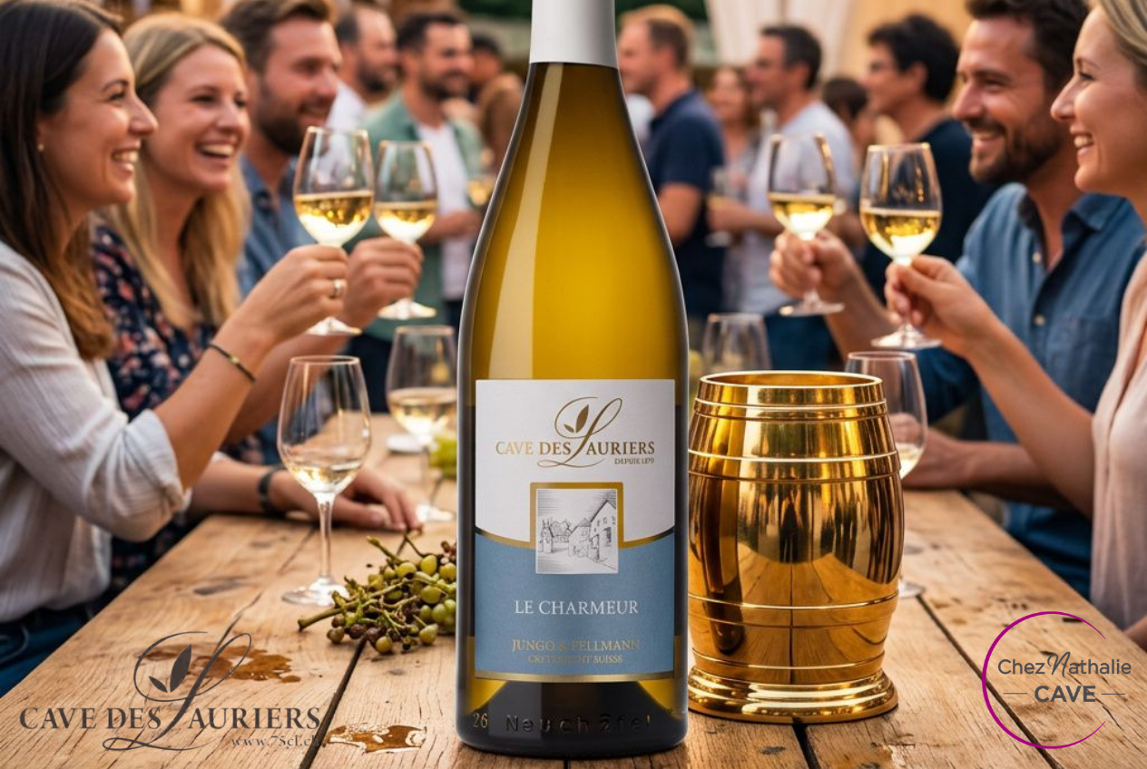 Bouteille de vin Chasselas Le Charmeur de la Cave des Lauriers au premier plan sur une table en bois, entourée de verres et d’un groupe de personnes levant leur verre lors d’une dégustation conviviale.