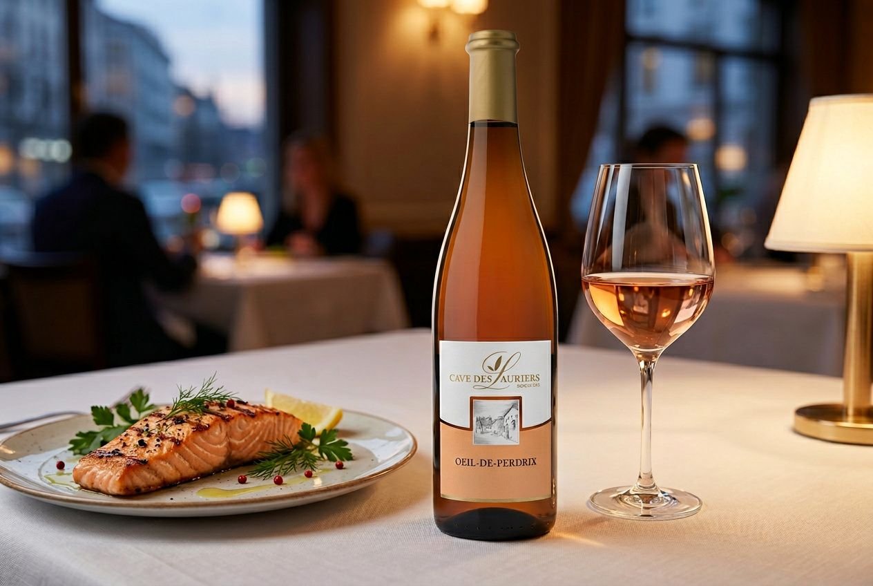 Bouteille de vin rosé Oeil-de-Perdrix posée sur une table de restaurant avec un verre et une assiette de saumon grillé.