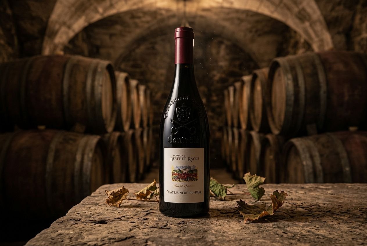 Bouteille de vin rouge au centre, posée sur une table de pierre dans une cave à vin, murs en voûtes et fûts en bois en arrière-plan. Apprendre histoire du vin est lié à l’exploration des origines et des traditions viticoles.