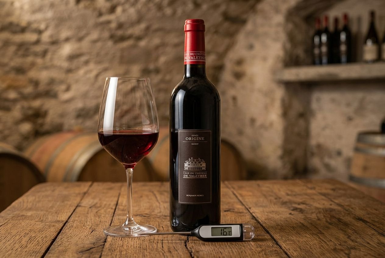 Bouteille de vin rouge Gamay servie à température idéale avec un thermomètre à 16°C sur une table en bois.