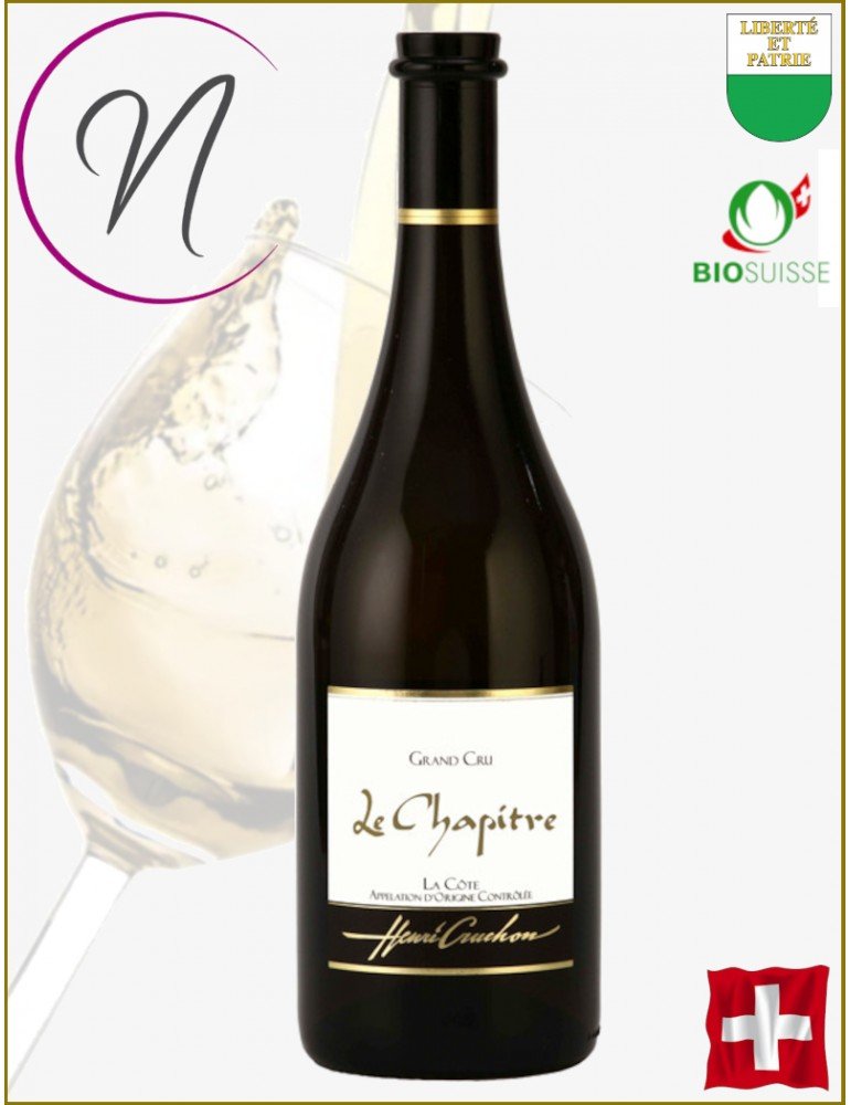 Une bouteille de vin rouge sombre avec étiquette « Le Chapitre » et détail doré, posée contre un fond clair.