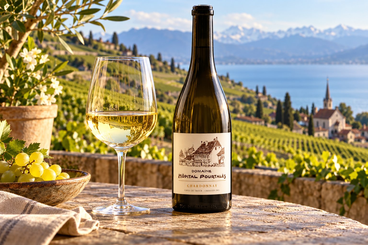 Une bouteille de vin et un verre rempli sur une terrasse avec vignobles et montagnes en arrière-plan.